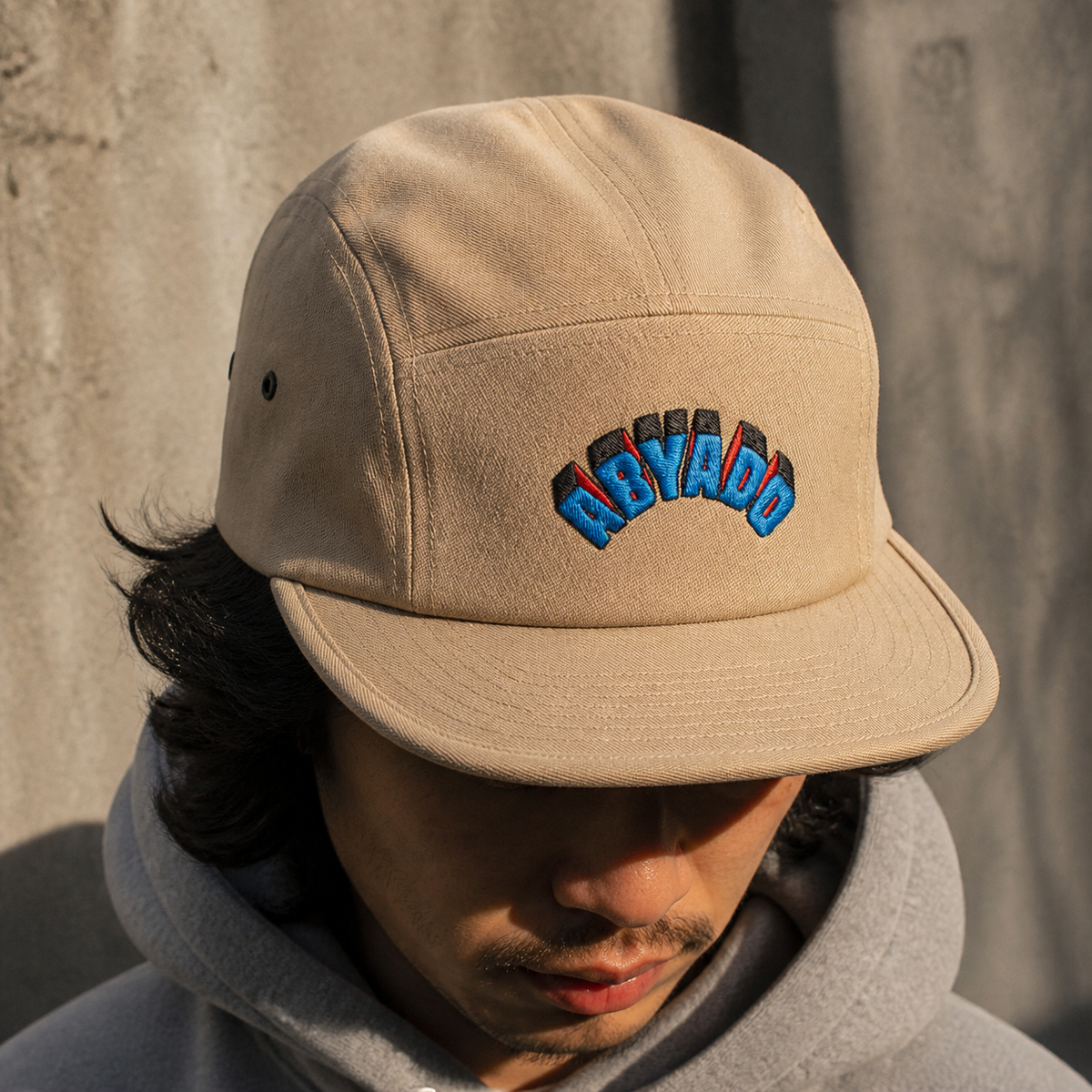 Abyado Arch Five Panel Cap lifestyle — Khaki