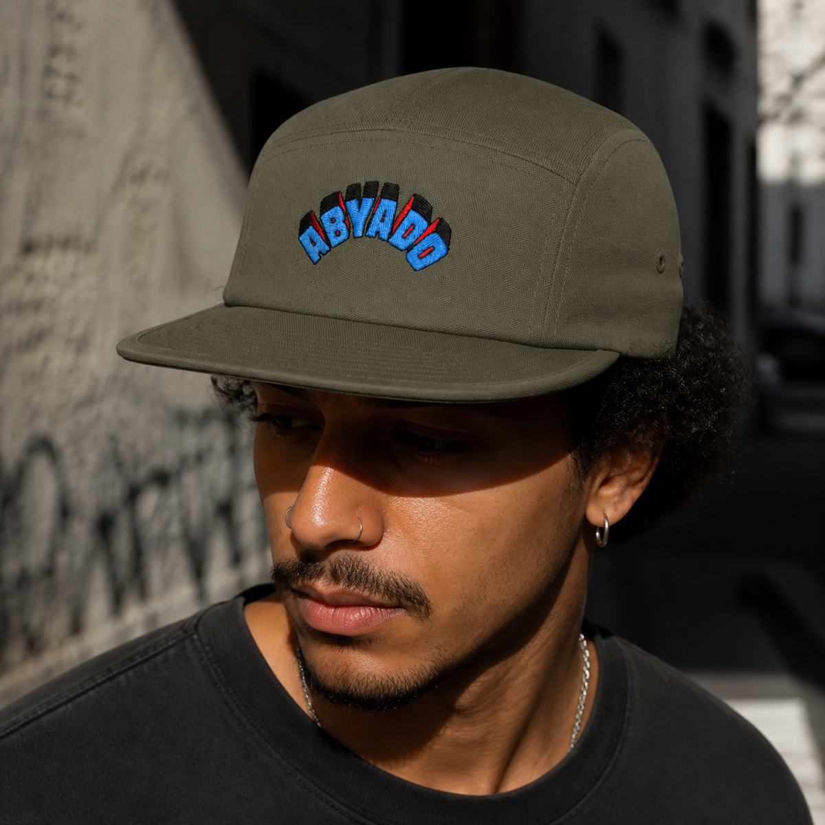 Abyado Arch Five Panel Cap lifestyle — Khaki detail