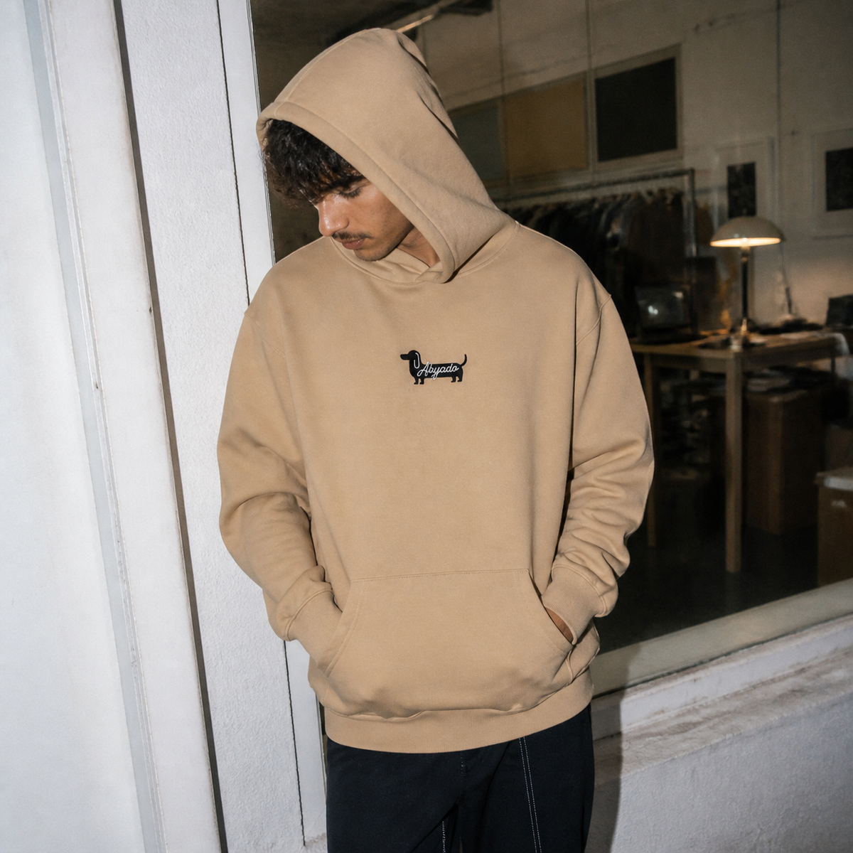 Abyadog Embroidery Hoodie lifestyle — Sand