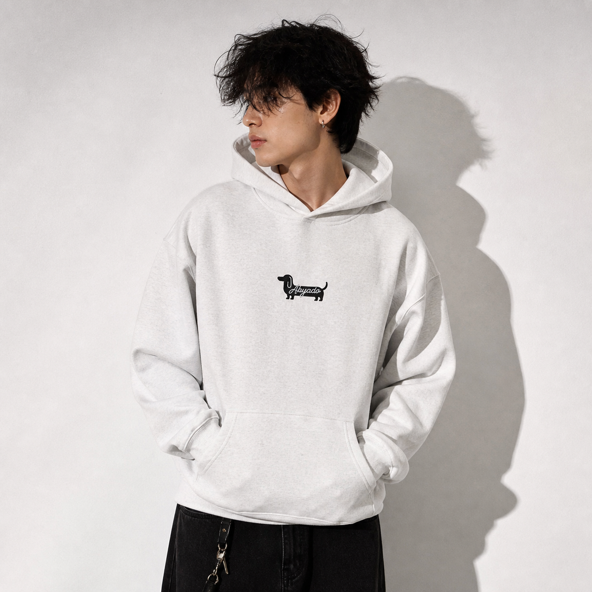Abyadog Embroidery Hoodie lifestyle — White Heather