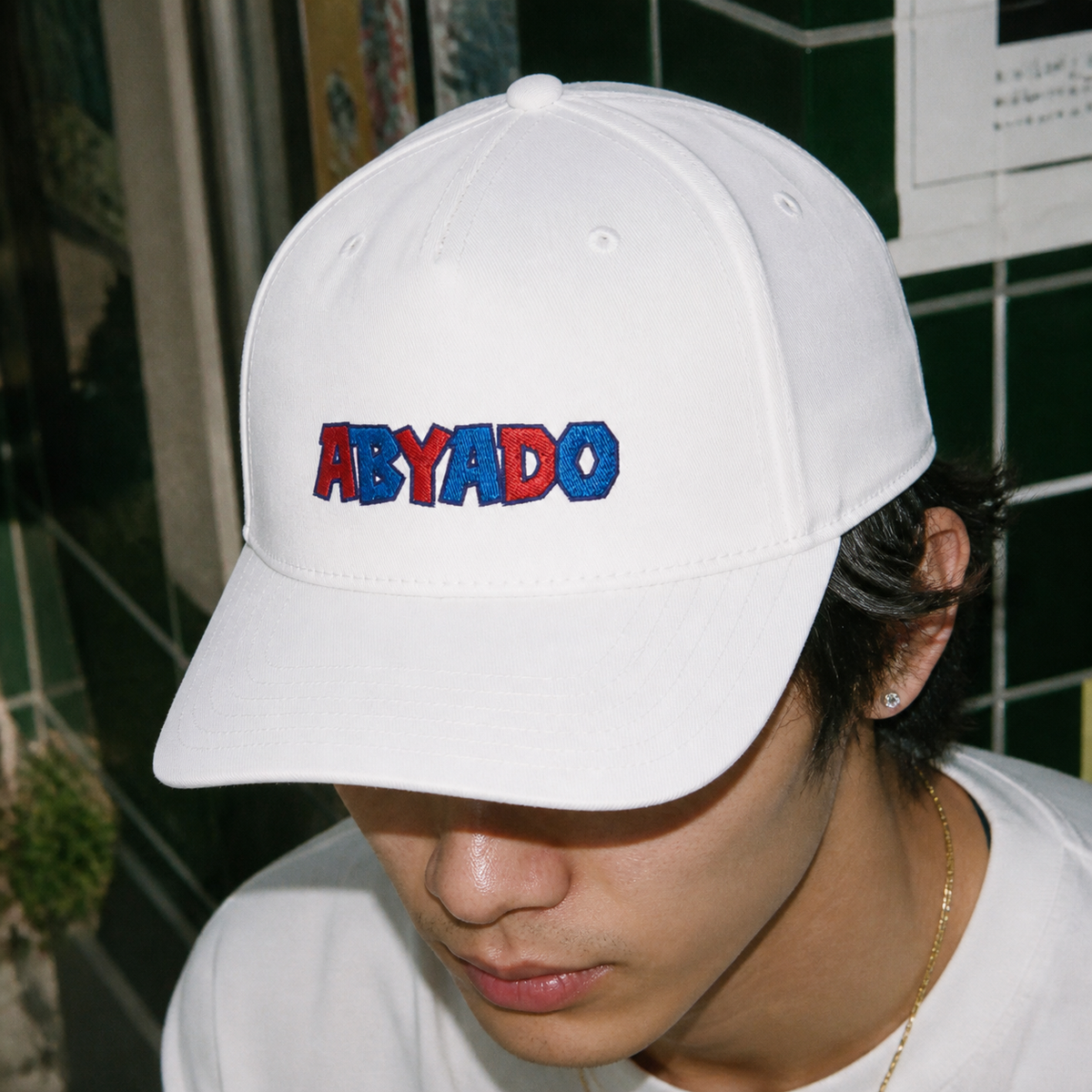 Bazooka Hat lifestyle — White close-up