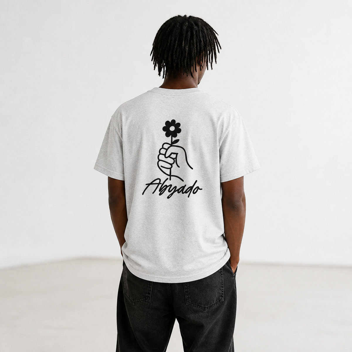 Gentle Tee lifestyle — Ash, back graphic