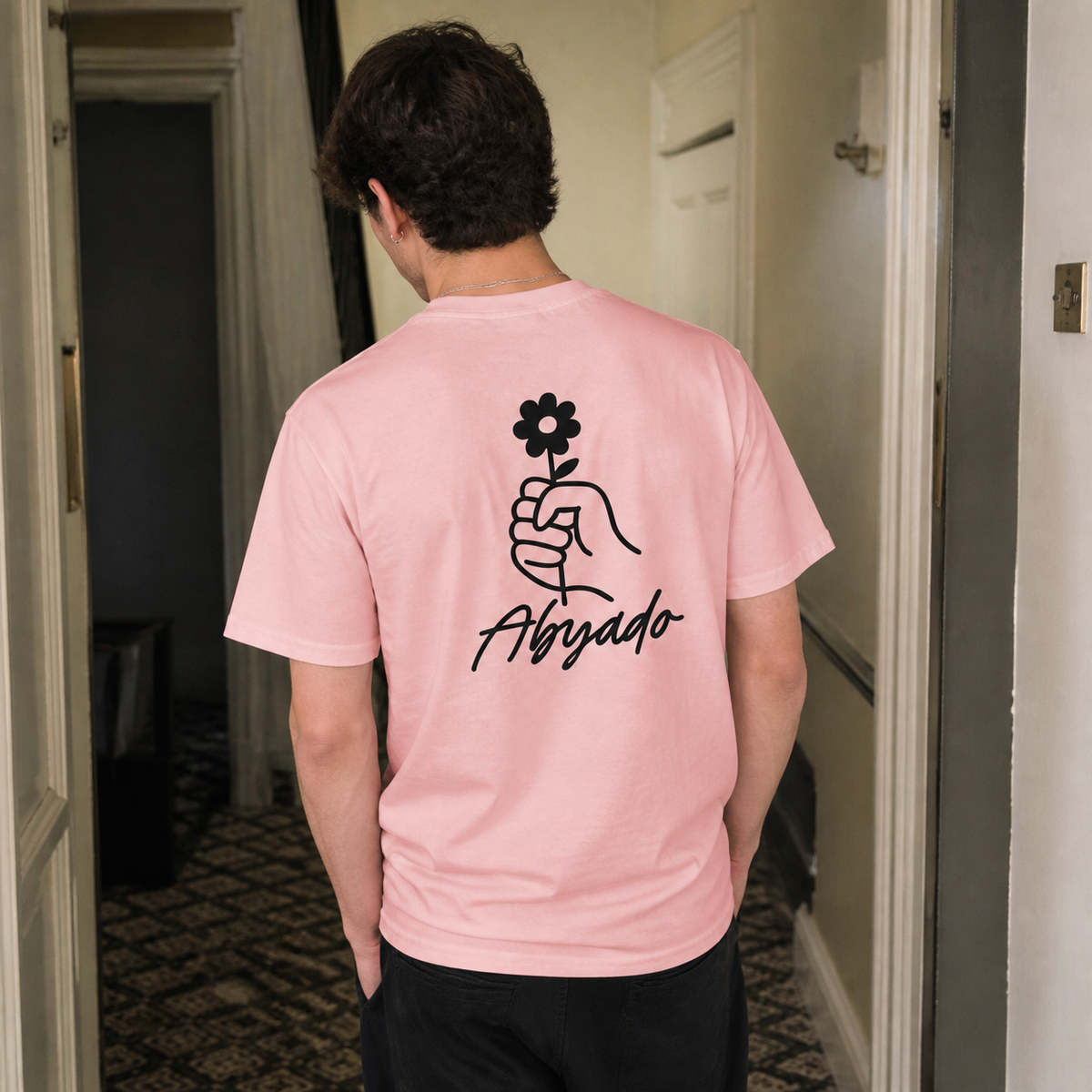 Gentle Tee lifestyle — Light Pink, back graphic