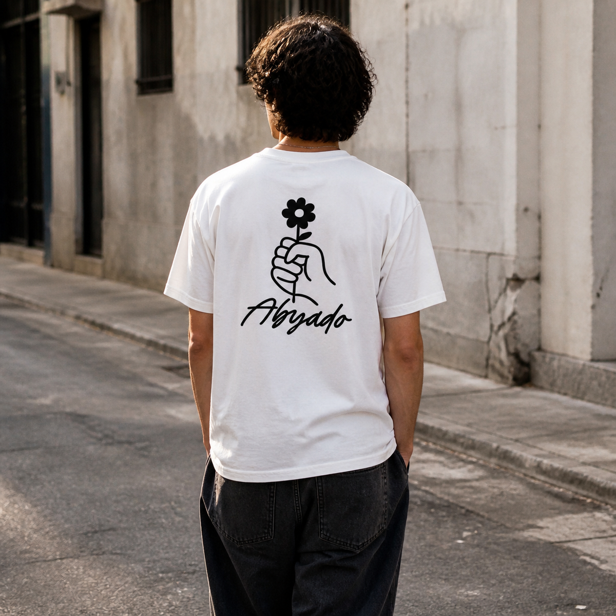 Gentle Tee lifestyle — White, back graphic