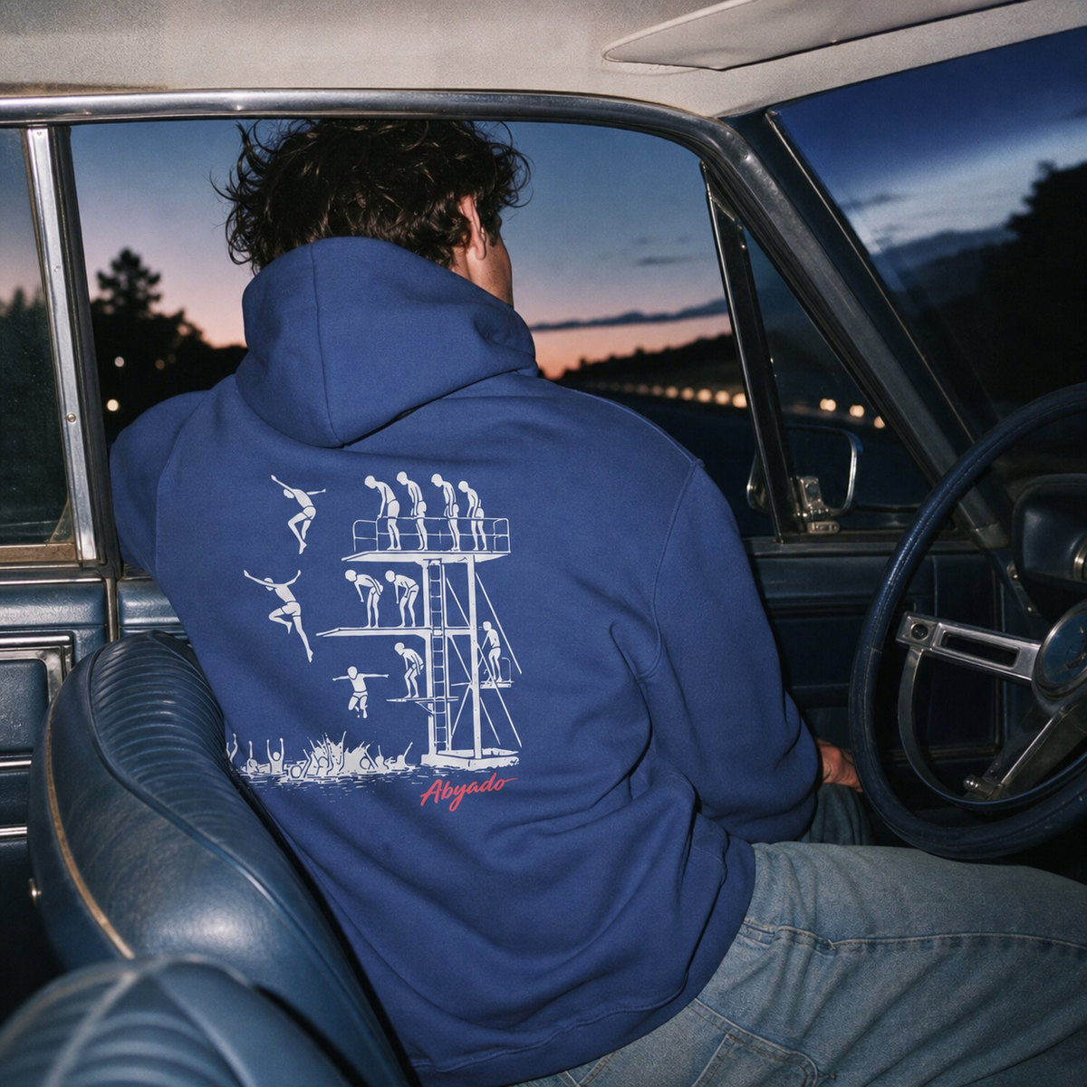 Manhood Hoodie lifestyle — Cobalt back graphic — car 1:1