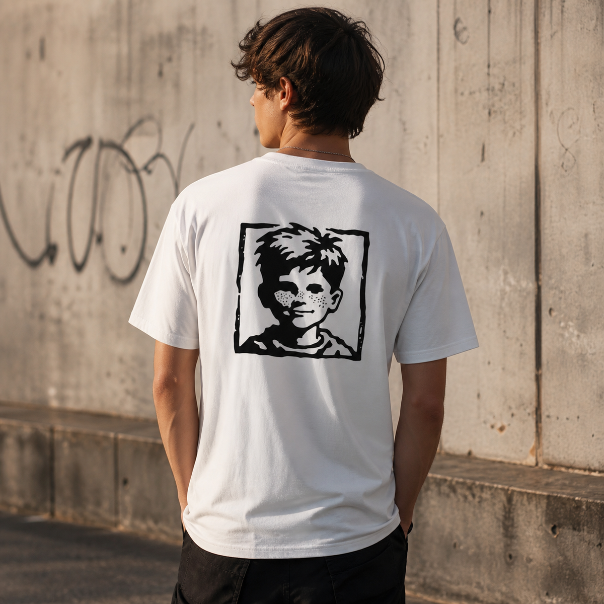 'Menace' Tee lifestyle — concrete wall