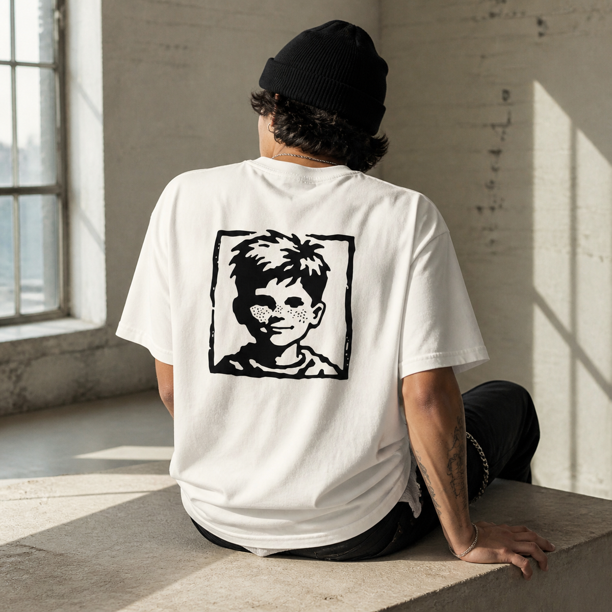 'Menace' Tee lifestyle — industrial interior