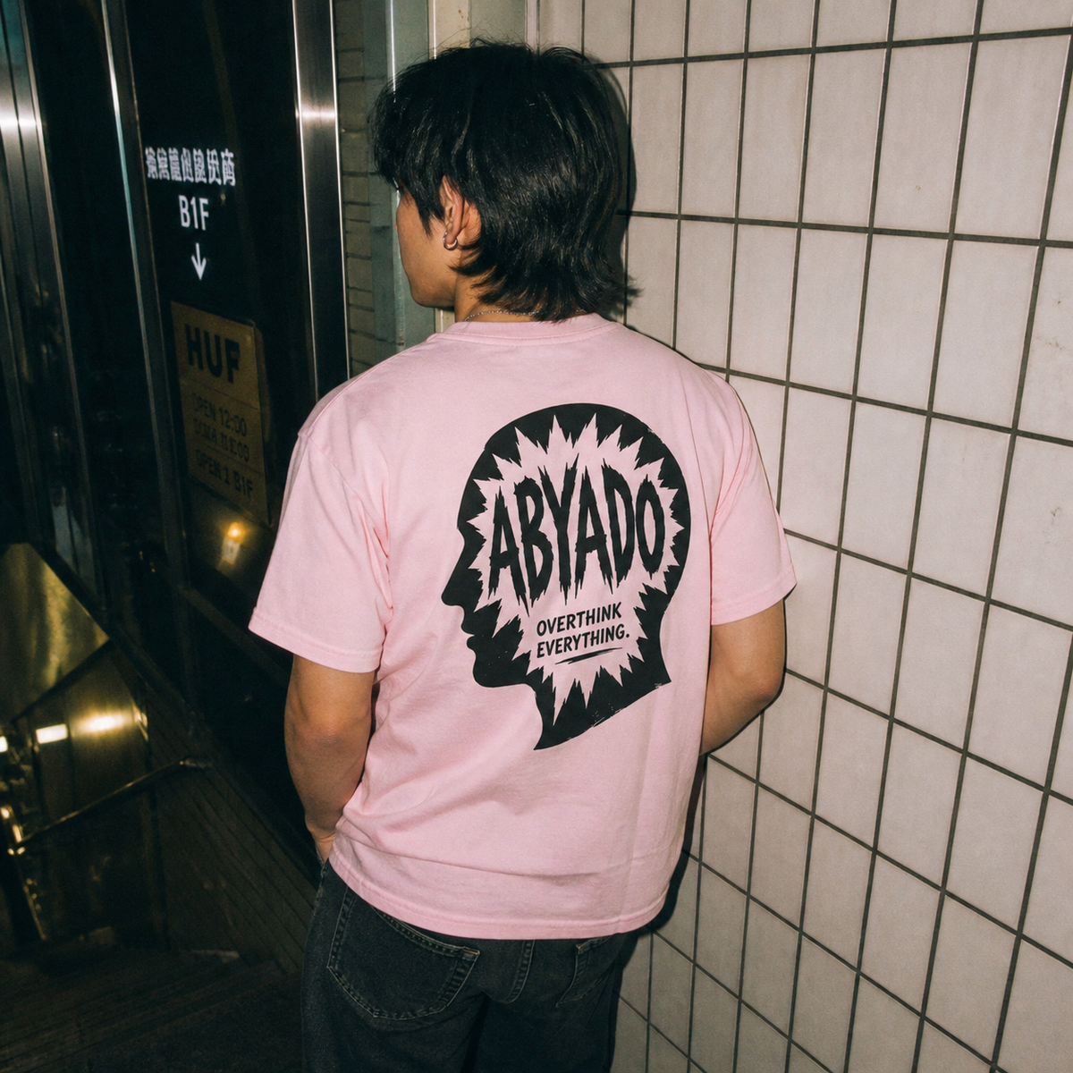 Overthink Tee lifestyle photograph showing the back graphic