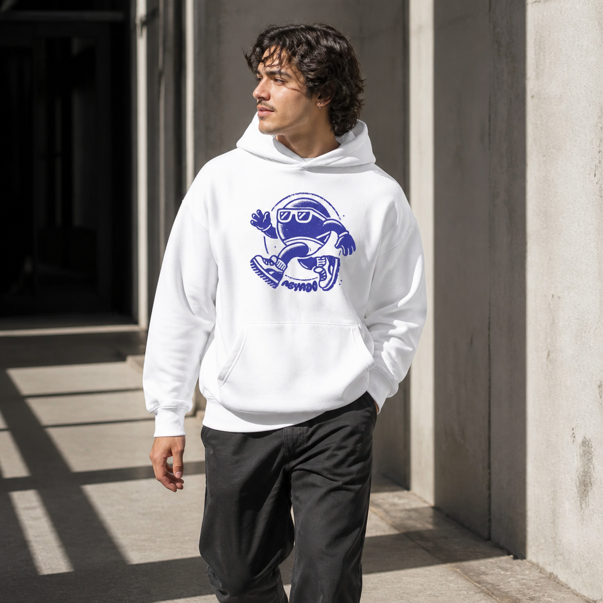 'Walking Spot' Hoodie lifestyle — white hoodie in architectural light