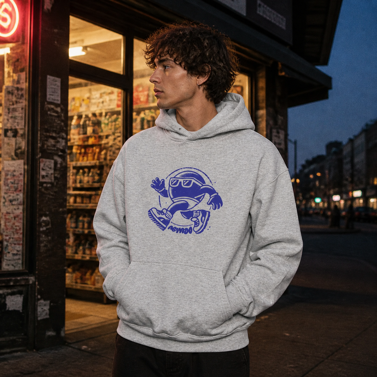 'Walking Spot' Hoodie lifestyle — athletic heather outside convenience store
